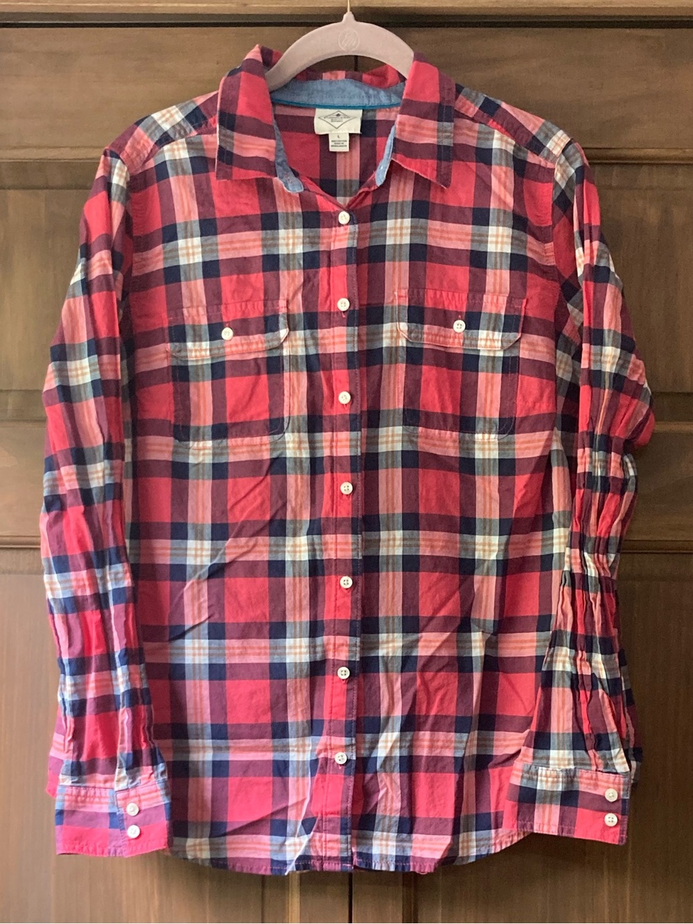 St. John’s Bay Pink & Navy Blue Plaid Lightweight Cotton LS Button-up Shirt L